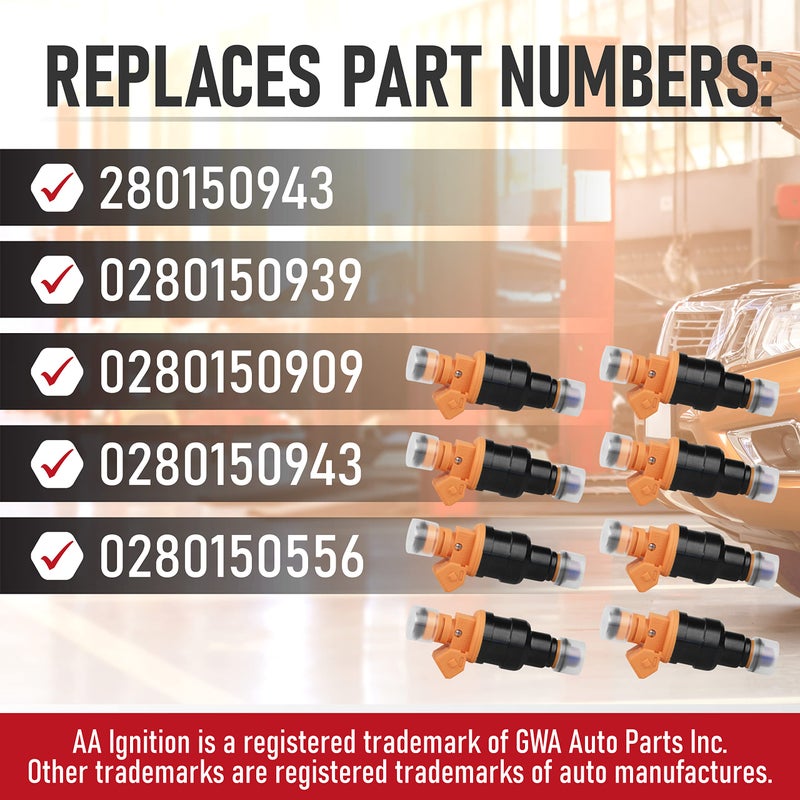 AA Ignition Fuel Injector Set of 8 - Replaces part 280150943, 0280150939, 0280150909 - Compatible with Ford, Lincoln, Mercury Vehicles - E250, F150, F250, F350, E350, Mustang - 4.6L, 5.0L, 5.4L, 5.8L - Image 3